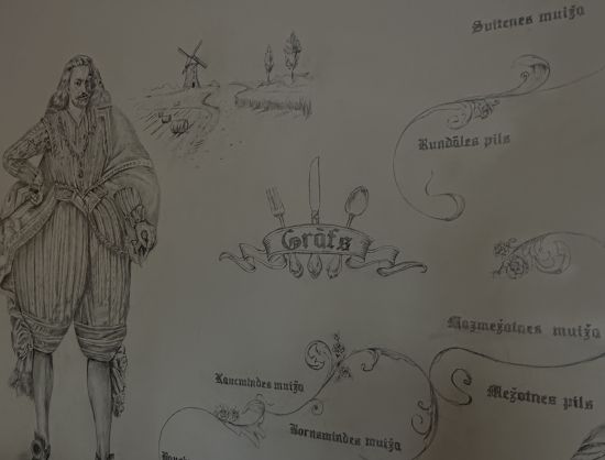 Interjers kafejnīcā Grāfs - sienas zīmējums, kur attēlots Grāfs. pilis un muižas Bauskas novadā, Rundāles tuvumā
