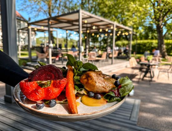 Mūsdienīgi un estētiski pasniegts pamatēdiens uz dizaina traukiem restorānā 'Rezidence'. Svaigi sezonas produkti, dekorēti ar zaļumiem un mērcēm, uzsverot augstvērtīgu virtuvi.