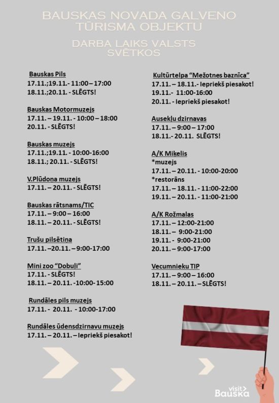 Tūrisma objektu darba laiks valsts svētkos