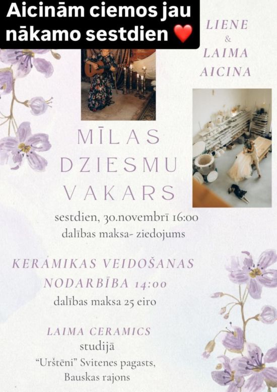 Keramikas meistarklase un Mīlas dziesmu vakars