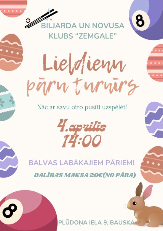 Lieldienu pāru turnīrs biljarda un novusa klubā “ZEMGALE”
